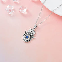 Load image into Gallery viewer, Hamsa Evil Eye Necklace 925 Sterling Silver Hand of Fatima Crystal Necklace Evil Eye Vintage Pendant Jewelry for Women Man
