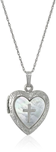 Amazon Collection Sterling Silver Heart and Mother-of-Pearl Heart and Cross Locket Necklace, 18''