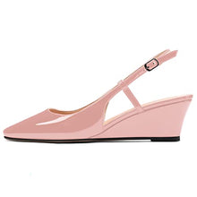 Load image into Gallery viewer, MODENCOCO Women's Pink Patent Wedge Low Heel Buckle Square Toe Slingback 2 Inch Pumps Shoes Size 11 - Sandalias de Tacon Bajo para Mujer
