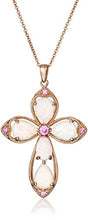 Load image into Gallery viewer, 14K Rose Gold over Sterling Silver Created Opal with Created Pink Sapphire Cross Pendant Necklace, 18&quot;
