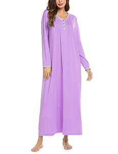 Ekouaer Women Long Nightgown Long Sleeve Nightshirt Casual Sleepwear Henley Full Length Sleep Dress Purple XLarge