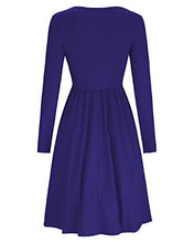 Load image into Gallery viewer, OUGES Women's Long Sleeve V Neck Button Down Midi Skater Dress with Pockets(Blue,M)
