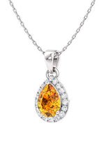 Load image into Gallery viewer, Diamondere Natural and Certified Pear Citrine and Diamond Halo Drop Petite Necklace in 14k White Gold | 0.33 Carat Pendant with Chain
