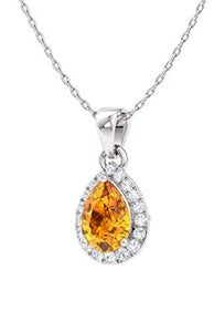 Diamondere Natural and Certified Pear Citrine and Diamond Halo Drop Petite Necklace in 14k White Gold | 0.33 Carat Pendant with Chain