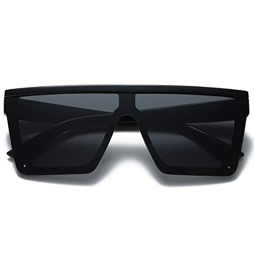 LKEYE - Oversize Shield Flat Top Square Sunglasses Siamese Rimless Lens LK1717 C1 Black/Gray