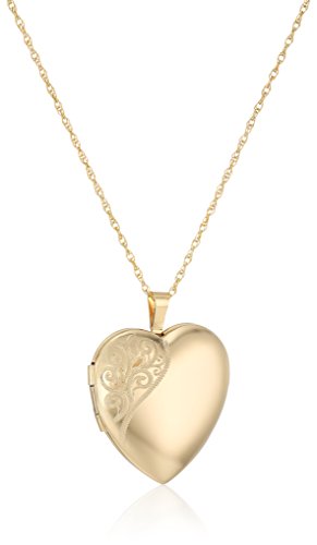 Amazon Collection 14k Gold-Filled Large Satin and Polished Finish Hand Engraved Heart Shaped Locket Necklace, 18