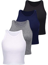 Load image into Gallery viewer, 4 Pieces Basic Crop Tank Tops Women Sleeveless Racerback Crop Tops Sport Crop Tops for Lady Girls Daily Wearing (Black, Dark Grey, Navy Blue, White, Small, Numeric_1)
