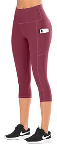 IUGA High Waisted Yoga Pants for Women with Pockets Capri Leggings for Women Workout Leggings for Women Yoga Capris (Maroon, M)