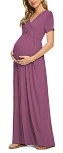 Xpenyo Women's Maternity Dresses Summer Casual Short Sleeve V Neck Wrap Long Maxi Dress Pregnancy Clothes for Baby Shower, Photoshoot, Party, Daily, Nursing, Mauve 2XL