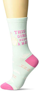K. Bell Women's Funny Jokes and Wordplay Novelty Crew Socks, Light Blue (Nap Girl), Shoe Size: 4-10