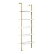 Load image into Gallery viewer, Nathan James Theo 5-Shelf Modern Bookcase, Open Wall Mount Ladder Bookshelf with Industrial Metal Frame, White/Gold
