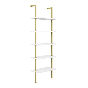 Nathan James Theo 5-Shelf Modern Bookcase, Open Wall Mount Ladder Bookshelf with Industrial Metal Frame, White/Gold