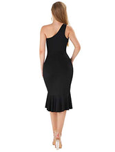 Load image into Gallery viewer, DREAGAL Women's Elegant One Shoulder Ruffle Cocktail Bodycon Midi Dress Black Medium
