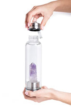 Load image into Gallery viewer, Kiara Crystal Elixir Bottle | 16oz Natural Gemstone Water Bottle for Making Crystal Infused Gemwater | Includes Premium Healing Crystal, Free E-Book and Neoprene Sleeve (Super Sleeve - Amethyst)
