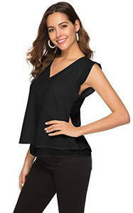 Women's Summer V Neck Tank Cap Sleeve Casual Flowy Chiffon Blouse Shirts Black S