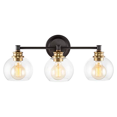 Load image into Gallery viewer, Kira Home Odette 22" Modern 3-Light Vanity/Bathroom Light + Clear Glass Globe Shades, Warm Brass Accents + Oil Rubbed Bronze Finish