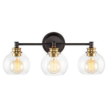 Load image into Gallery viewer, Kira Home Odette 22" Modern 3-Light Vanity/Bathroom Light + Clear Glass Globe Shades, Warm Brass Accents + Oil Rubbed Bronze Finish
