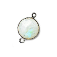 Load image into Gallery viewer, 15mm Black Gold .925 Corrugated Bezel Rainbow Moonstone Coin 2 Ring Connector 1 pc
