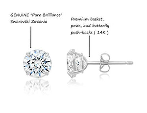 14k Solid White Gold ROUND Stud Earrings with Genuine Swarovski Zirconia | 2.5 CT.TW. | With Gift Box