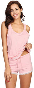 WiWi Bamboo Pajamas for Women Soft Sleeveless Tank Top with Shorts Pajama Sets Scoop Neck Lace Hem Sleepwear S-4X, Pink, Medium