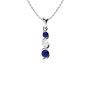 Diamondere Natural and Certified Diamond and Blue Sapphire Three Stone Petite Necklace in 14k White Gold | 0.22 Carat Pendant with Chain