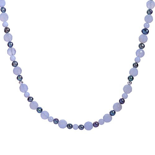 Carolyn Pollack Sterling Silver Blue Lace Agate and Peacock Pearl Gemstone Beaded Necklace 24 Inch