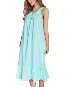 100% Cotton Nightgowns for Women Soft Ladies Gowns Sleepwear Long Sleeveless Nightgown Green L