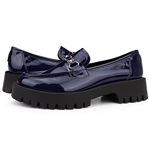 ISOMEI Loafers for Women Comfort Chunky Heel Loafers Patent Leather Chunky Loafers(Blue,8)