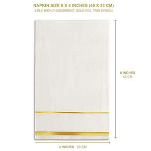 GLAM Dinner Napkins, Gold Trim, 100 Pack - 8x4 Inches Paper Napkins - Wedding Napkins, Disposable - Party Napkins, White and Gold