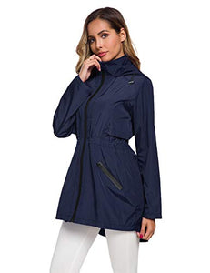 Avoogue Womens Windbreaker Jacket with Hood Waterproof Water Resistant Lightweight Anorak Navy Blue XXL