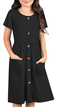 Load image into Gallery viewer, Kilottor Girl's Round Neck Button Skater Dress with Pockets 7 Years 8 Years KC102 (Black, 7-8Y)
