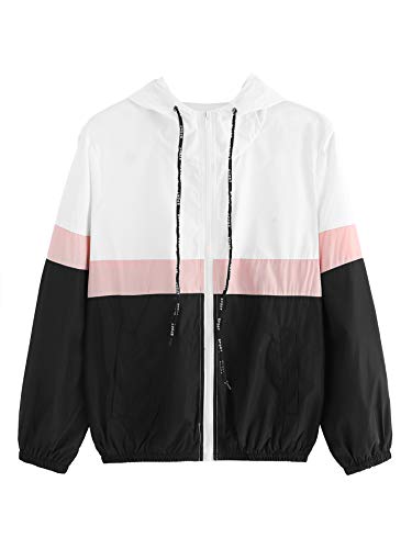 SweatyRocks Women's Casual Sport Colorblock Drawstring Hooded Windbreaker Jacket Black#1 M