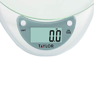 Taylor Precision Products Digital Kitchen Scale with Glass Platform, Tare Button, and Plastic Body Weighs Up to 6.6 Pounds Capacity
