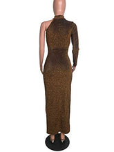 Load image into Gallery viewer, Remelon Women Long Sleeve Shiny Glitter One Shoulder Bodycon Flowy Split Party Maxi Long Dresses Brown M
