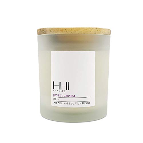 HHI Candles Sweet Jasmine Scented Candles. All Natural Soy Wax Candle with Thick Frosted Glass and Bamboo Wood Lid. 1 Wick Candle Size 8 Oz.