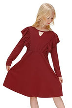 Load image into Gallery viewer, IIMMER Kid Girls Christmas Casual Burgundy Ruffle Long Sleeves Keyhole Neckline Autumn Maroon Flare Swing Dress with Pockets 7-8 Years
