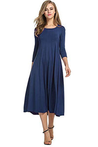 Hotouch Women's 3/4 Sleeve Casual Loose Solid Midi T-Shirt Dress (Navy Blue XL)