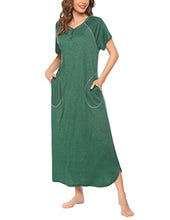 Load image into Gallery viewer, Ekouaer Long Nightgown,Women’s Loungewear Short Sleeve Sleepwear Full Length Sleep Shirt with Pockets Dark Green
