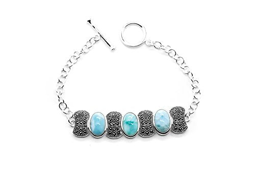 AZIEL 925 Sterling Silver Oval Larimar 3-Stones Love Link Bracelet