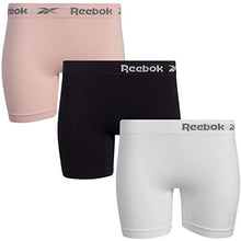 Load image into Gallery viewer, Reebok Women’s Underwear – Long Leg Seamless Slip Short Boyshort (3 pack), Lotus/White/Black, Medium
