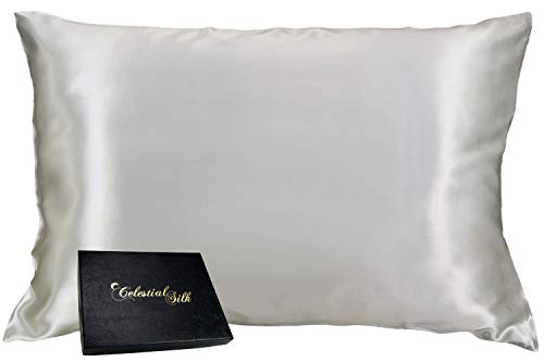 Celestial Silk 100% Silk Pillowcase for Hair Zippered Luxury 25 Momme Mulberry Silk Charmeuse Silk on Both Sides of Cover -Gift Wrapped- (Standard, Silver)