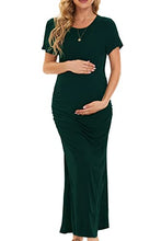 Load image into Gallery viewer, Smallshow Women&#39;s Split Long Maternity Dress Short Sleeve Ruched Pregnancy Clothes Medium Deep Green
