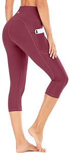 IUGA High Waisted Yoga Pants for Women with Pockets Capri Leggings for Women Workout Leggings for Women Yoga Capris (Maroon, M)