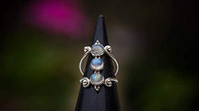 Load image into Gallery viewer, Moonstone Silver Ring, 925 Sterling Silver and Three Moonstone Light Blue Gemstones Ring for Women, Size US 6.5, Triple Moonstone and Real Silver Boho Chic Statement Ring, Bohemian Gift Idea.
