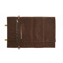Load image into Gallery viewer, Chef Knife Roll Bag - Handmade Waxed Canvas and Leather Knife Bag Stores 10 Knives + Zipper Pocket and Shoulder Strap (Dark Brown)
