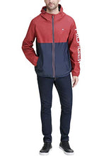 Load image into Gallery viewer, Tommy Hilfiger Men's Lightweight Active Water Resistant Hooded Rain Jacket, Red/Navy Colorblock, X-Large
