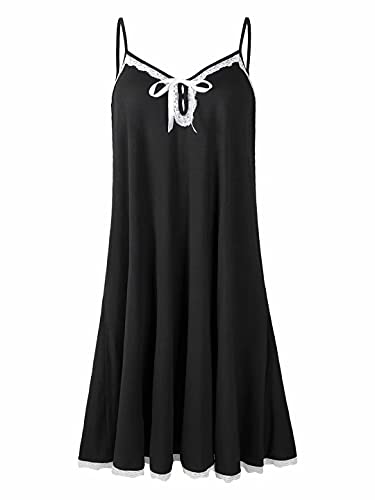 Jollielovin Women Plus Size Cami Dresses with Pockets and Adjustable Spaghetti Strap V Neck Sleepwear Women Nightgowns with Lace Loose Fit Black_2X