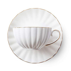 BTaT- Tea Cups and Saucers, Set of 6 (7 oz) with Gold Trim and Gift Box, Cappuccino Cups, Coffee Cups, White Tea Cup Set, British Coffee Cups, Porcelain Tea Set, Latte Cups, Espresso Mug, White Cup
