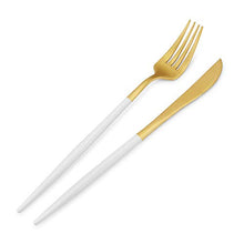 Load image into Gallery viewer, Matte Gold Silverware Set with white handle, Bysta 5-Piece Stainless Steel Flatware Set, Kitchen Utensil Set Service for 1, Tableware Cutlery Set for Home and Restaurant, Satin Finish, Dishwasher Safe

