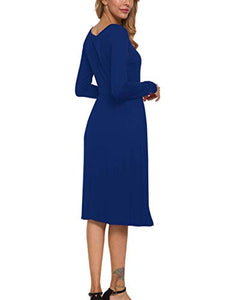 MISFAY Women's Long Sleeve Pockets Empire Waist Pleated Loose Swing Casual Flare Midi Dress (XL, Royal Blue)